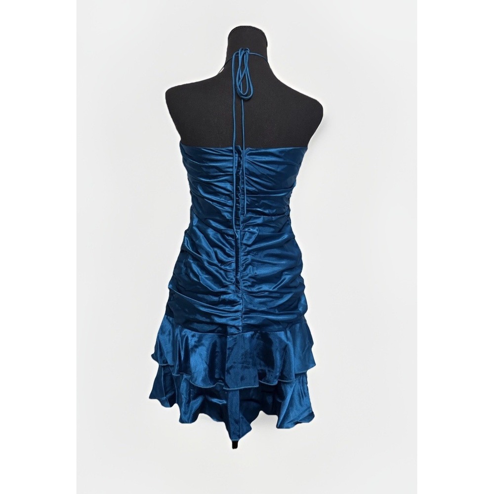 VTG 80s Teal Satin Ruched Halter Ruffle Mini Dress Size‎ 8 Medium Spring Formal - Picture 5 of 10